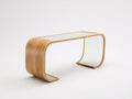 Console 140×40×78 cm - chêne naturel et verre transparent - piètement en volute pour chambre à coucher