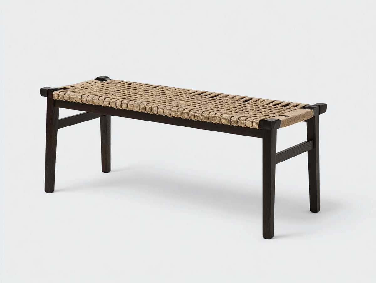 Banc 160×45×45 cm - bois massif foncé et corde tressée beige - assise naturelle pour salle à manger