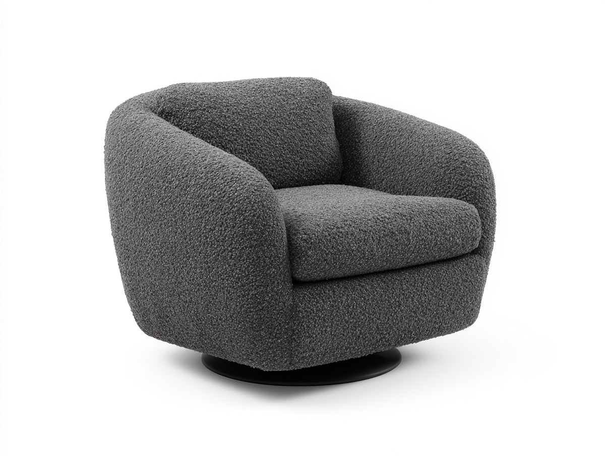 Fauteuil club rotatif 90×88×85 cm - tissu bouclé gris foncé et socle noir - coque enveloppante pour salon