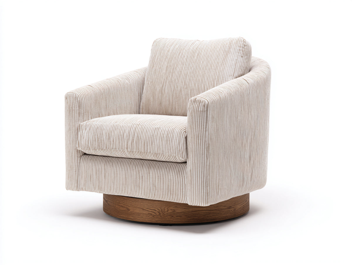 Fauteuil pivotant 86×84×78 cm - tissu côtelé beige clair et base bois - assise confortable pour salon