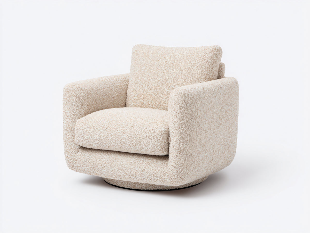 Fauteuil pivotant 92×94×90 cm - tissu bouclé ivoire - base ronde dissimulée et assise généreuse pour salon