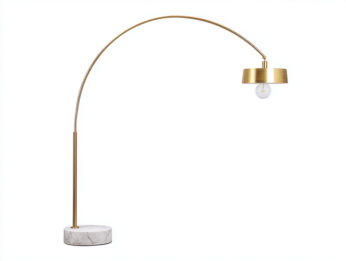 Lampe de bureau 120×50×170 cm - métal doré avec abat-jour rond et socle marbre blanc - éclairage contemporain pour chambre