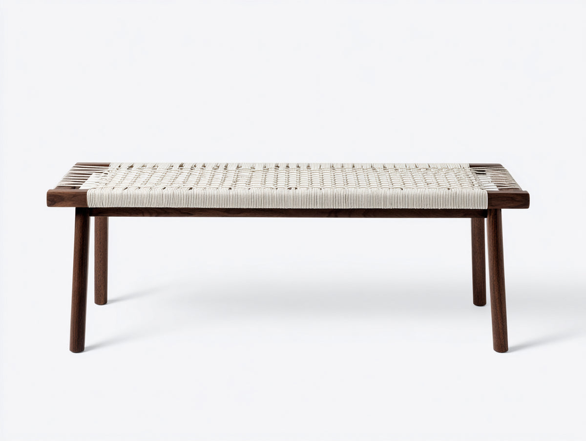 Banc 180×45×45 cm - bois foncé et assise tressée beige - style naturel pour salle à manger