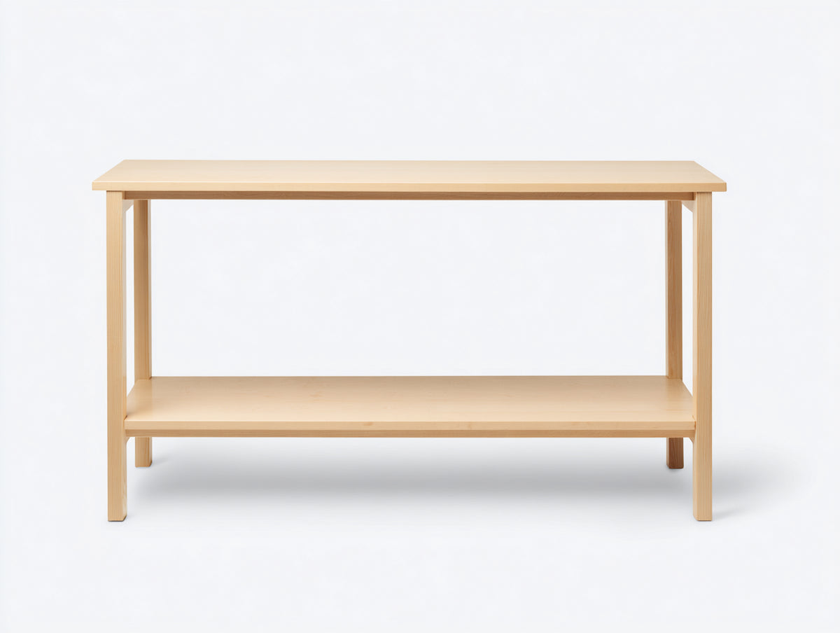 Console 130×40×85 cm - bois naturel avec double plateau ouvert - meuble contemporain pour chambre