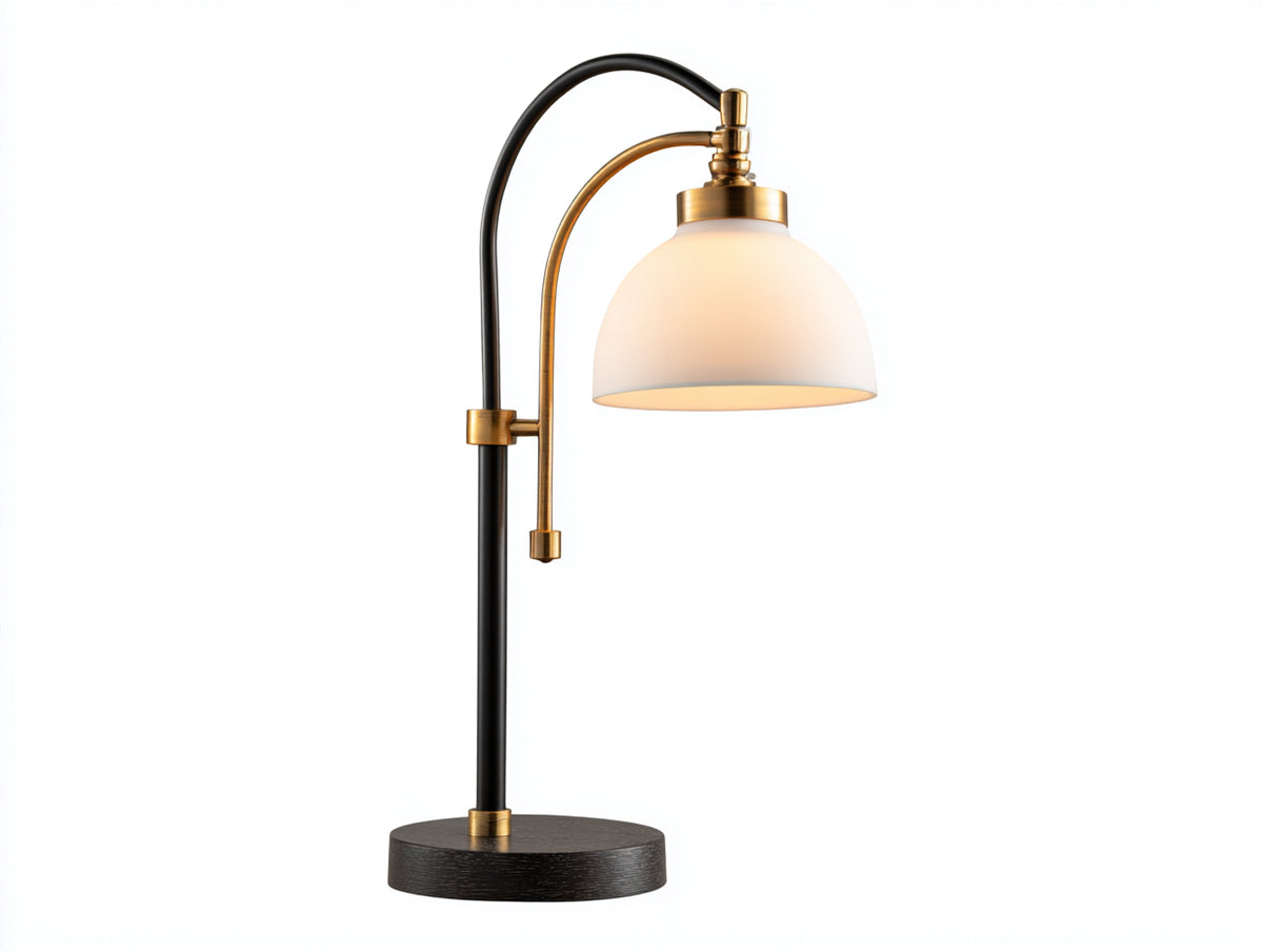 Lampe de bureau 30×22×58 cm - métal noir laiton et verre opalin - bras cintré pour chambre à coucher