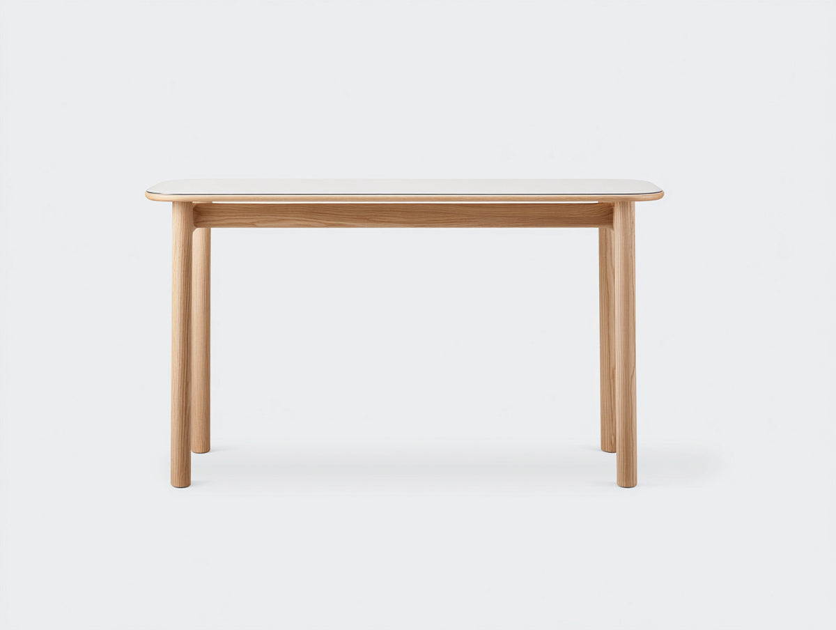 Console 120×36×80 cm - bois naturel et verre blanc arrondi - meuble d'appoint contemporain pour chambre