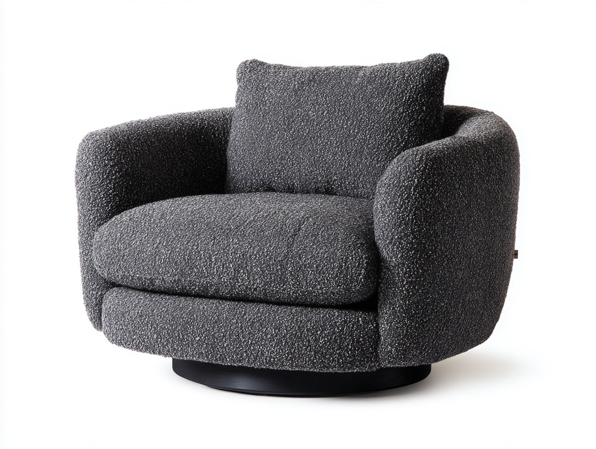 Fauteuil 88×82×86 cm - tissu bouclé gris anthracite et base noire - assise pivotante style contemporain pour salon