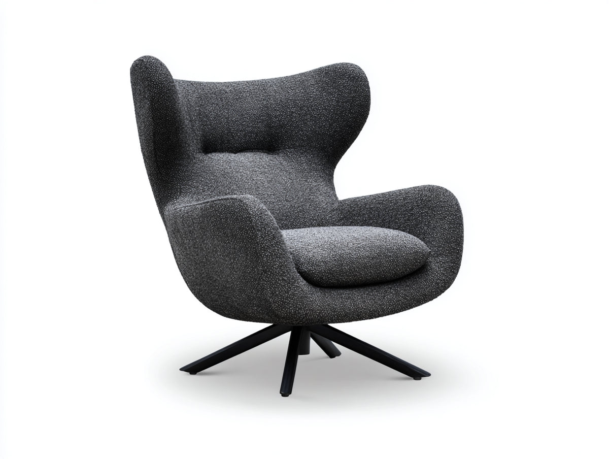 Fauteuil 82×78×92 cm - tissu bouclé gris foncé et base métal noire - assise enveloppante moderne pour salon