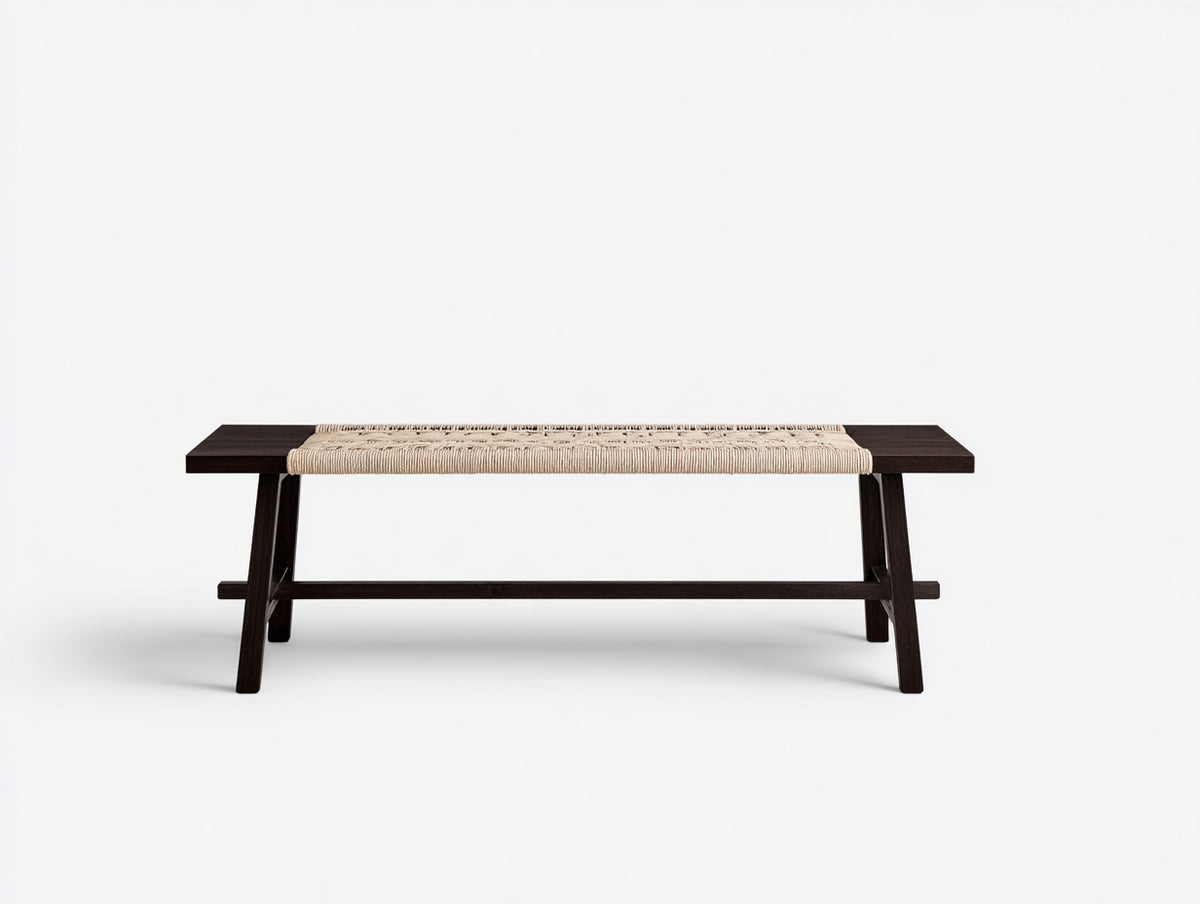 Banc 150×40×46 cm - bois noir et corde tressée naturelle - style minimaliste pour salle à manger