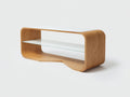 Console 120×42×76 cm - chêne naturel et verre blanc - design arrondi avec rangement ouvert pour chambre à coucher
