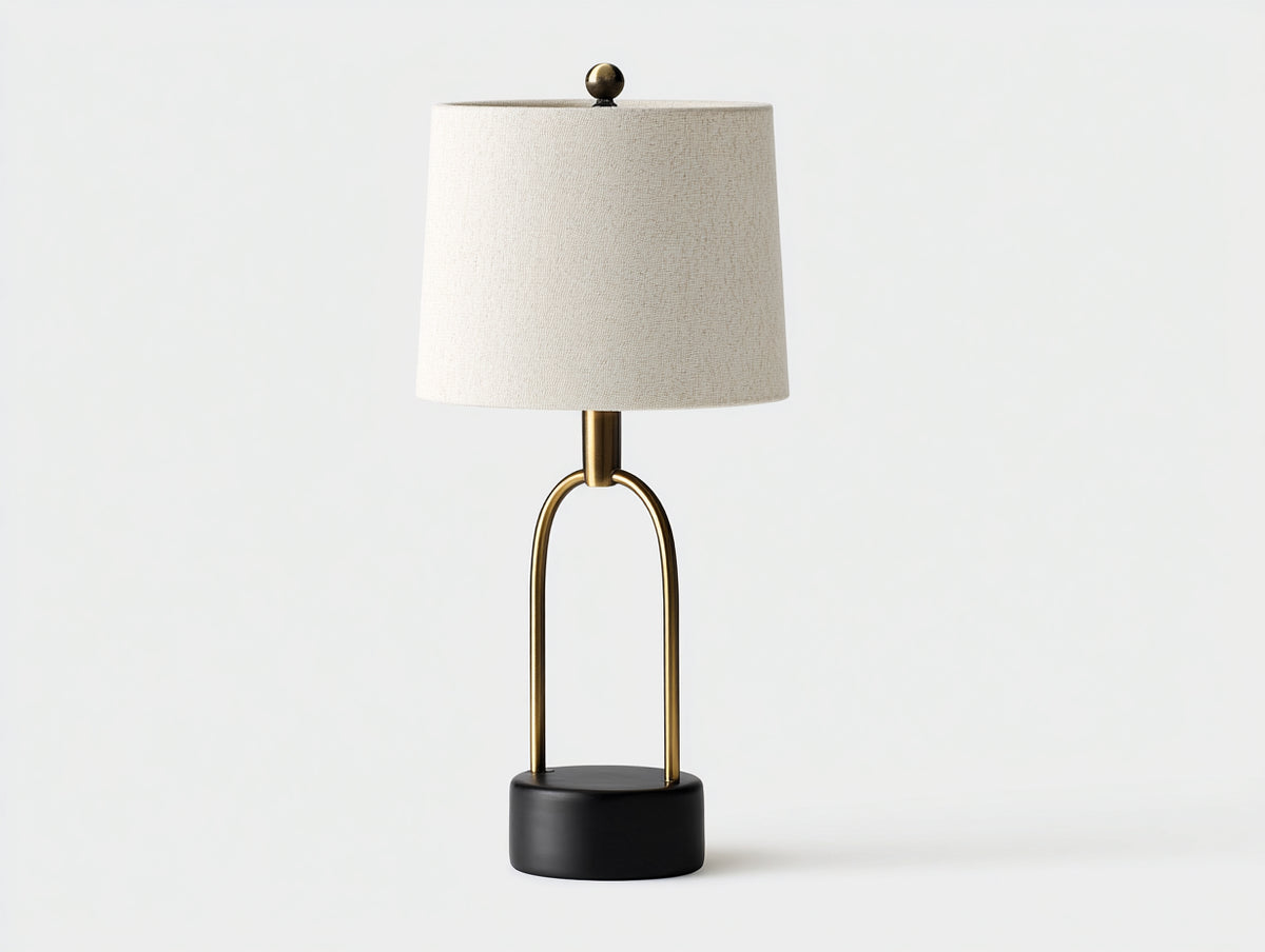 Lampe de bureau 30×30×62 cm - métal noir et laiton avec abat-jour écru - pied ajouré pour chambre à coucher
