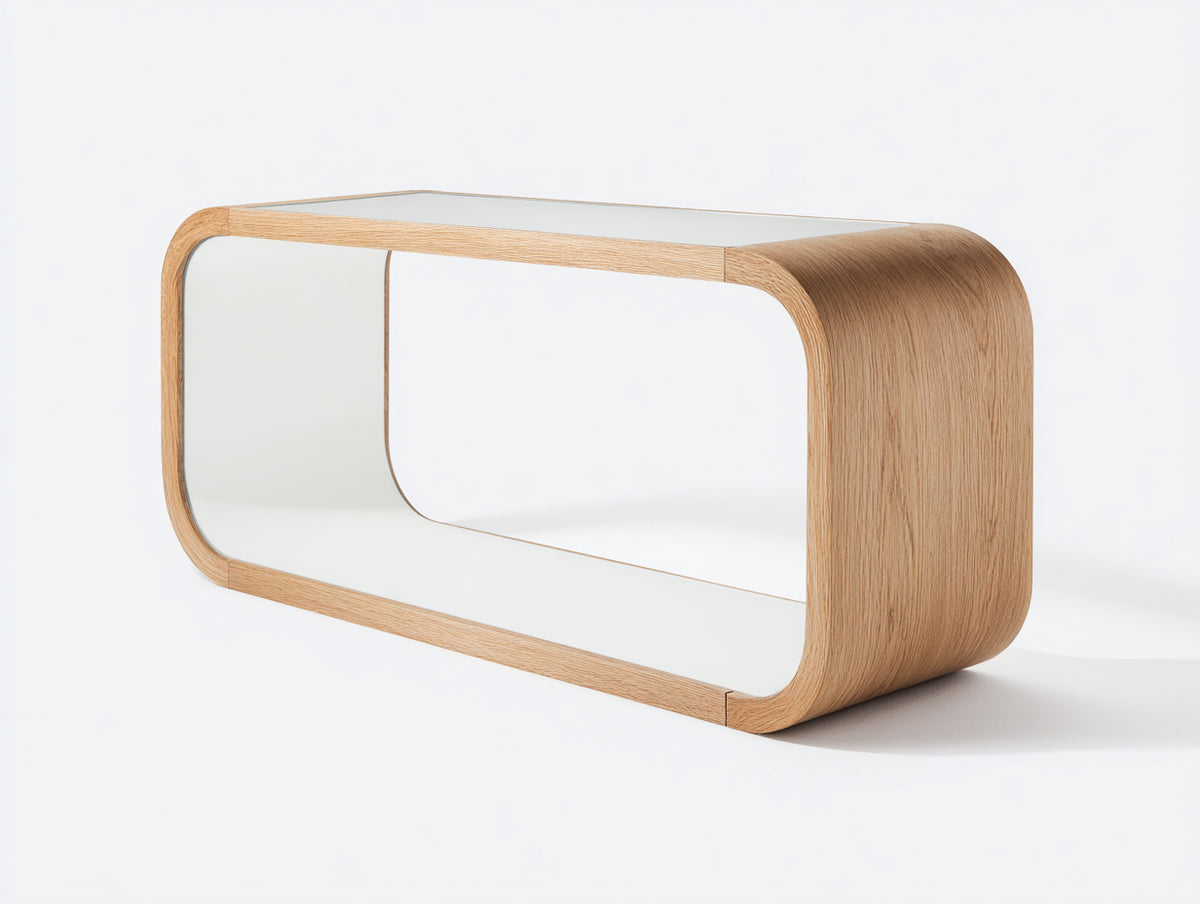 Console 130×42×76 cm - chêne clair et verre blanc - cadre continu avec tablette inférieure pour chambre à coucher