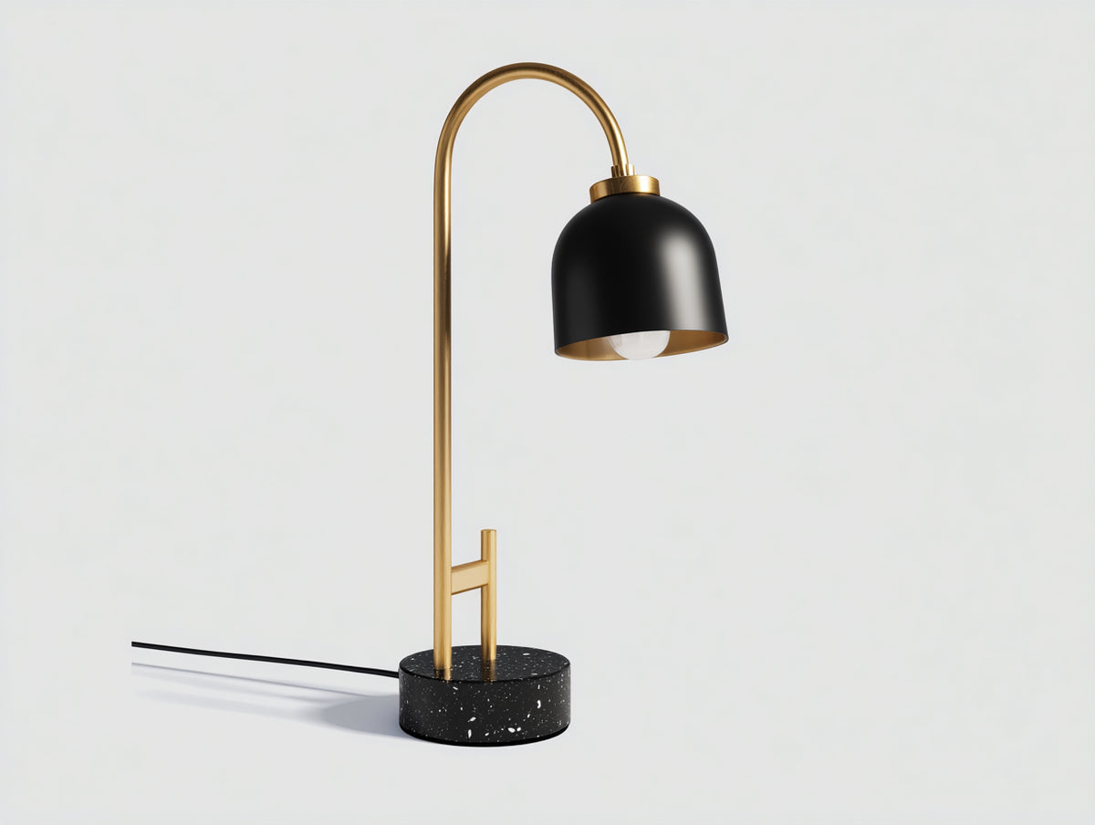 Lampe De Bureau 135×35×165 cm - métal doré marbre noir abat-jour noir - design arqué minimaliste pour chambre à coucher