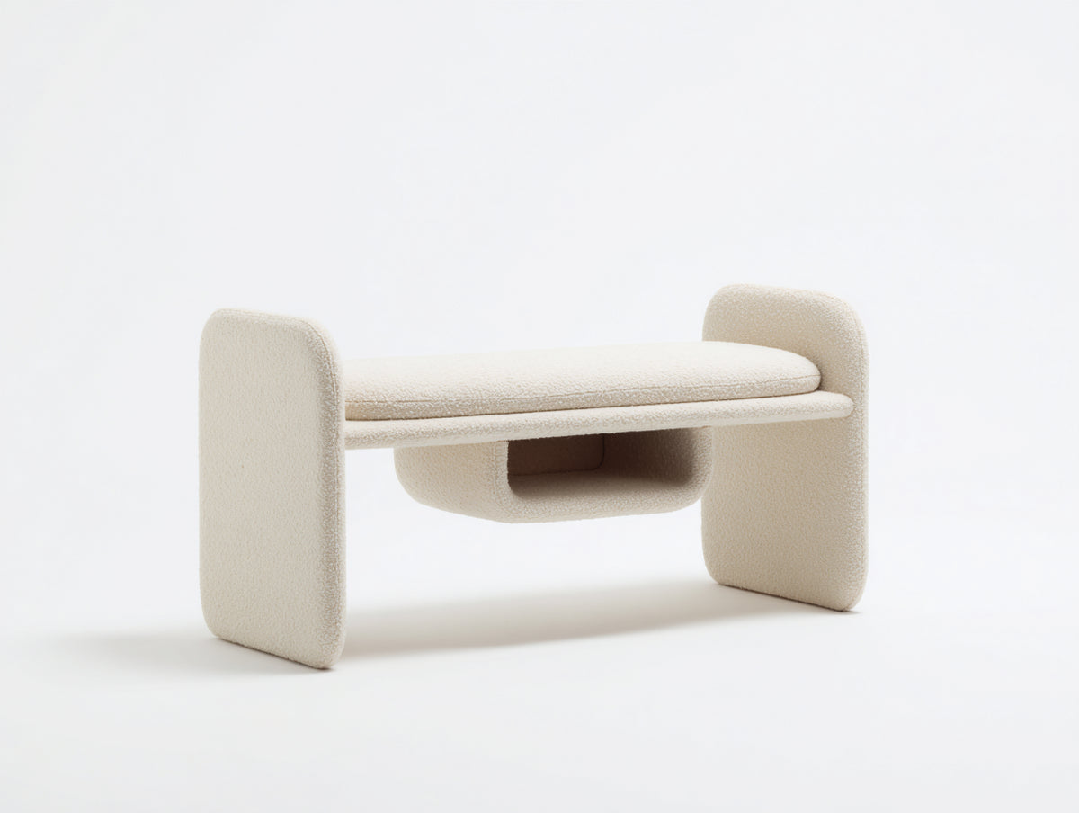 Banc 150×40×43 cm - tissu bouclé crème et base incurvée - style minimaliste pour salle à manger