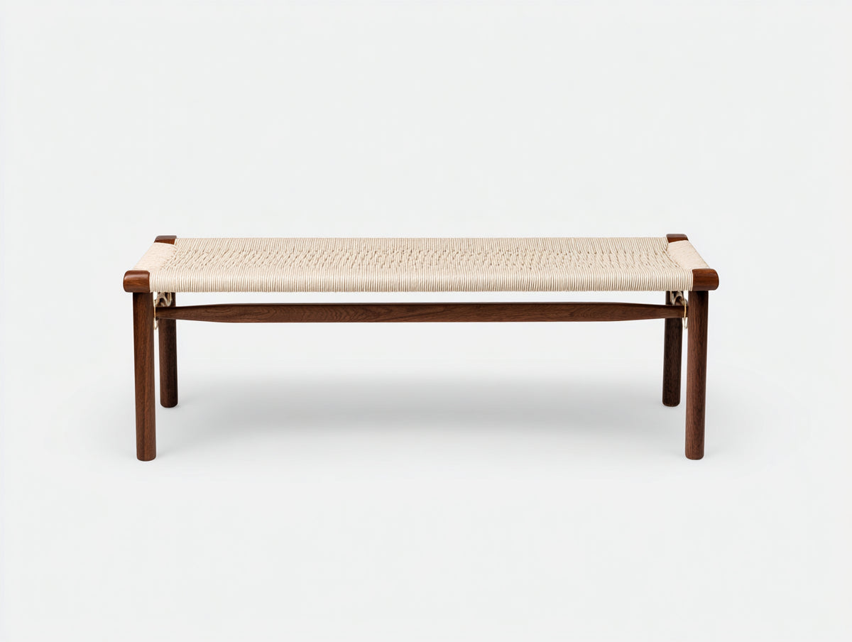 Banc 130×40×46 cm - corde tressée écrue et bois de noyer - assise ajourée pour salle à manger