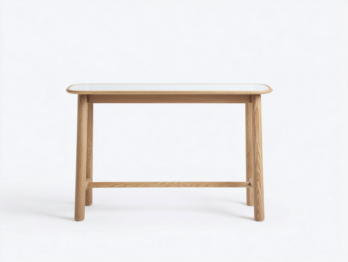 Console 115×40×78 cm - chêne naturel et verre blanc - plateau arrondi contemporain pour chambre à coucher