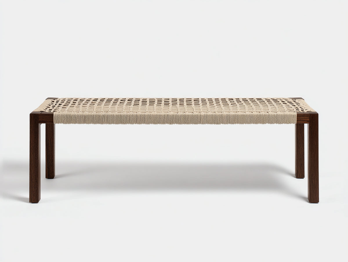 Banc 190×42×45 cm - bois brun et assise corde tressée beige - design contemporain salle à manger