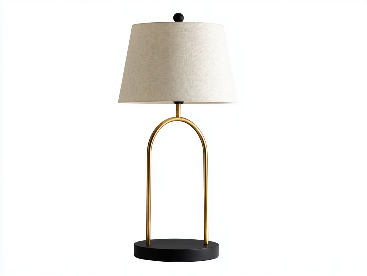 Lampe de bureau 38×30×72 cm - métal doré et noir avec abat-jour tissu crème - design arceau élégant pour chambre