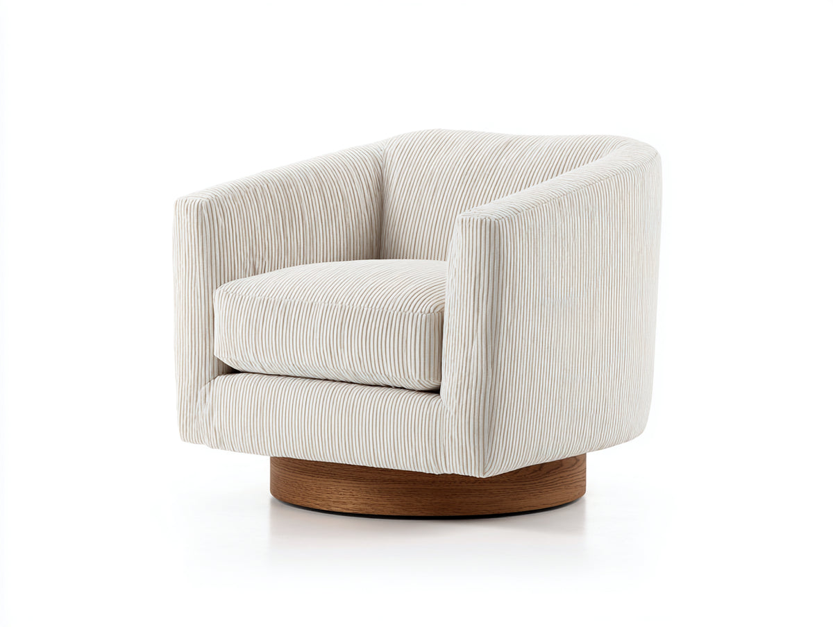 Fauteuil rotatif 90×86×80 cm - velours côtelé crème et pied bois - dossier enveloppant pour salon