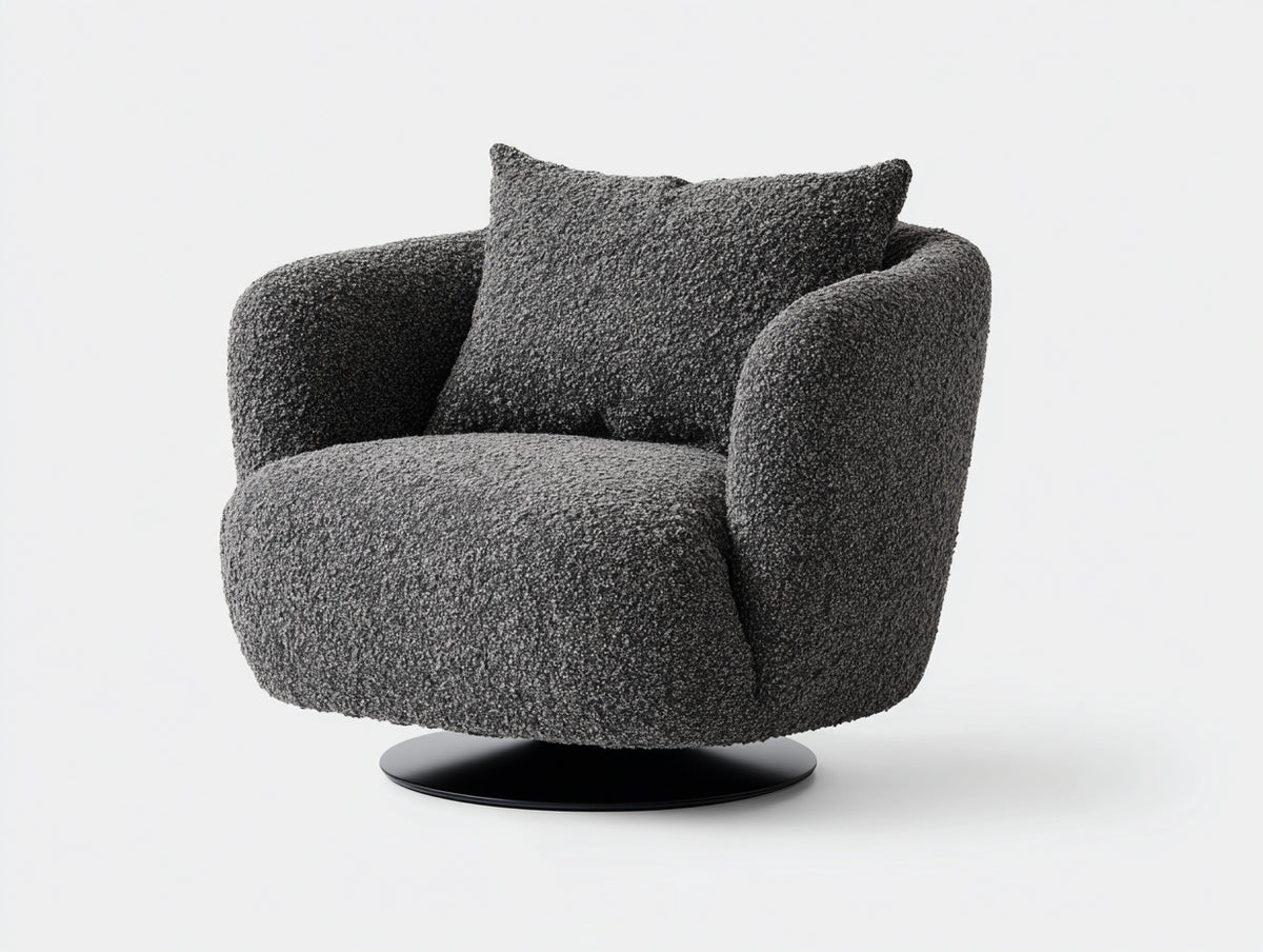 Fauteuil 90×85×88 cm - tissu bouclé anthracite et pied métal noir - style cocon contemporain pour salon