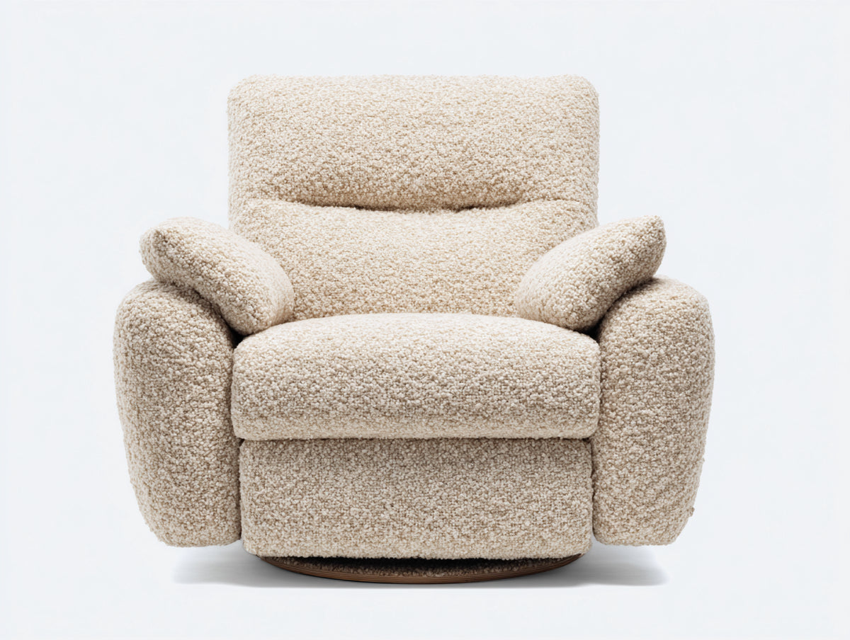 Fauteuil 92×86×90 cm - tissu bouclé beige clair et base ronde bois foncé - design cocon pivotant pour salon