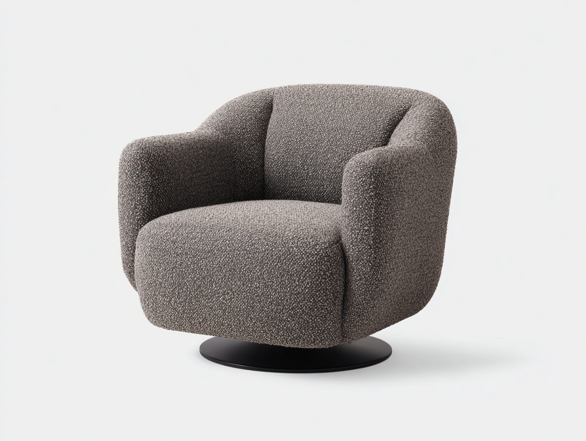 Fauteuil pivotant 85×82×78 cm - tissu bouclé gris foncé et base noire - assise arrondie pour salon