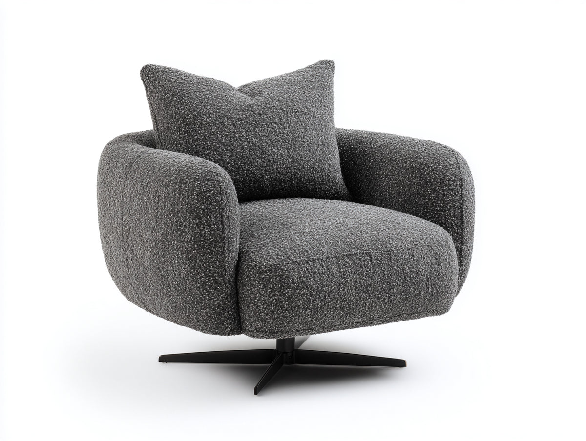 Fauteuil pivotant 95×92×88 cm - tissu bouclé anthracite et pied étoile noir - assise large pour salon