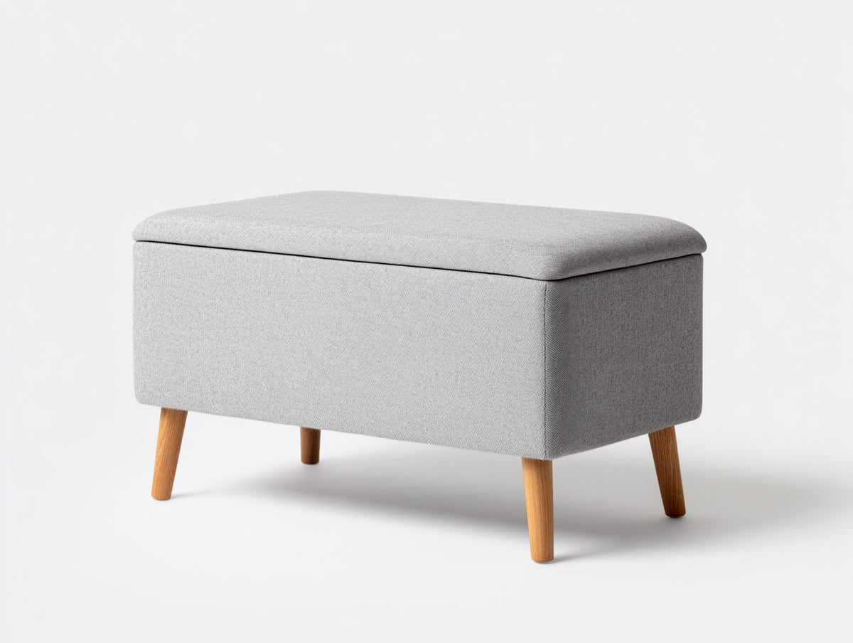 Banc coffre 100×45×50 cm - tissu gris clair et pieds en bois naturel - rangement sous assise pour salle à manger