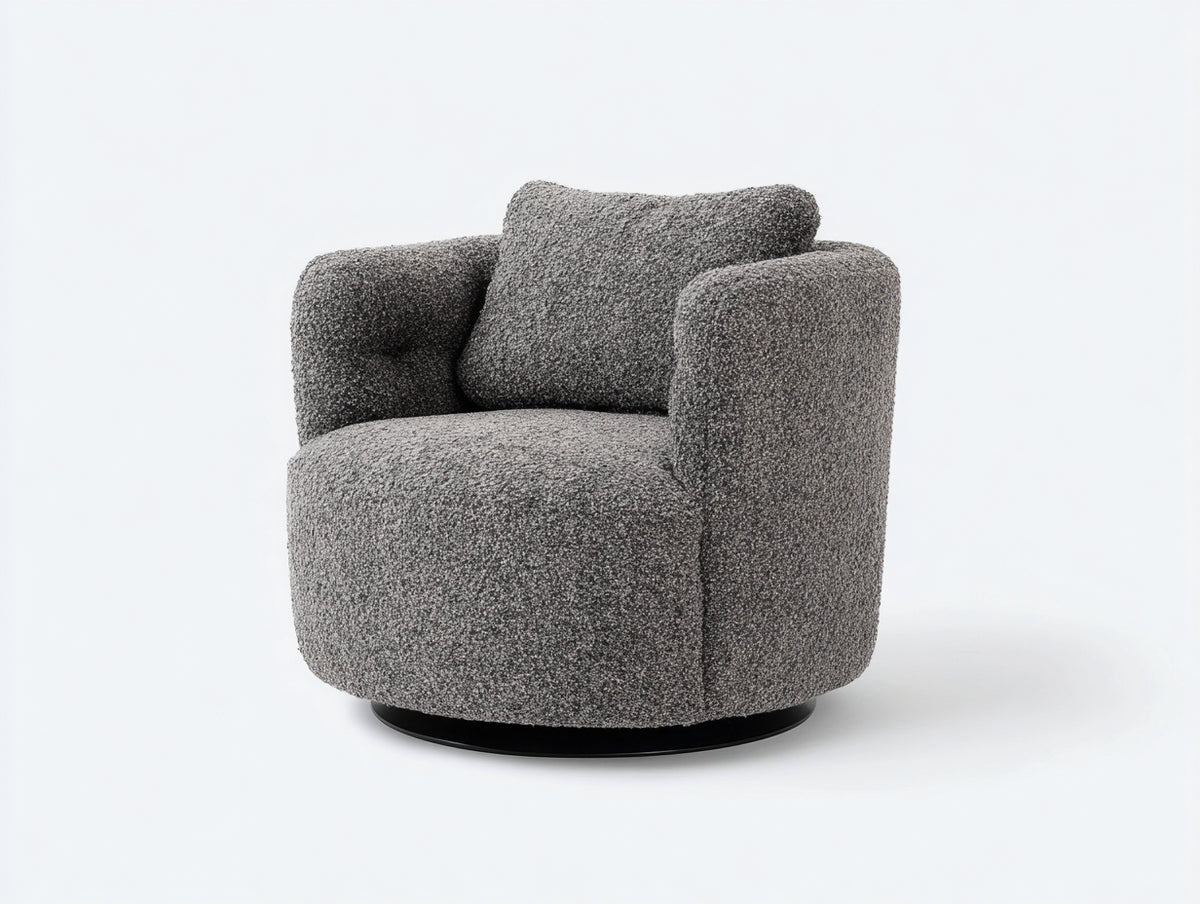 Fauteuil rotatif 88×84×80 cm - tissu bouclé gris et socle noir - design enveloppant pour salon