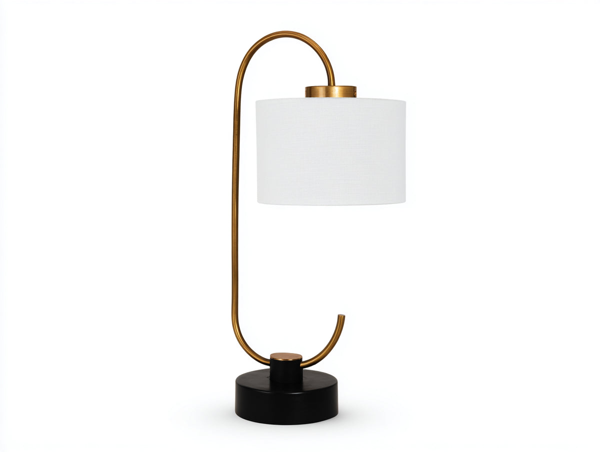 Lampe de bureau 28×22×61 cm - métal noir et doré avec abat-jour blanc - structure ovale pour chambre à coucher
